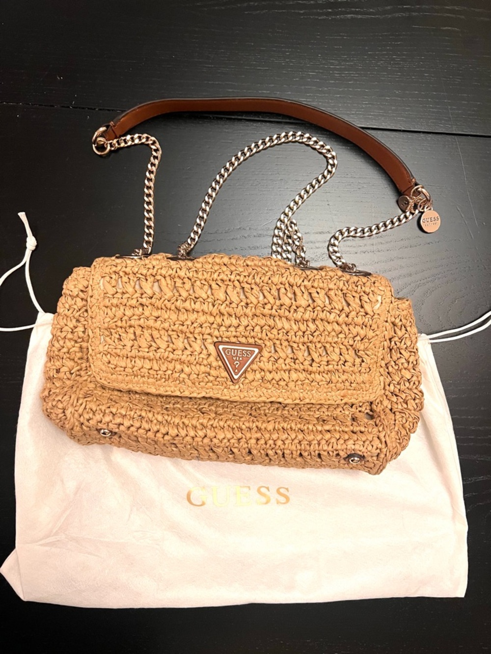 GUESS Tan Crochet Chain Shoulder Bag with Leather Accent